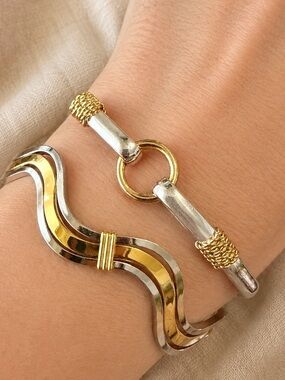Vintage Two Tone Gold Silver Open Cuff Bracelet Circle Clasp Rope Statement